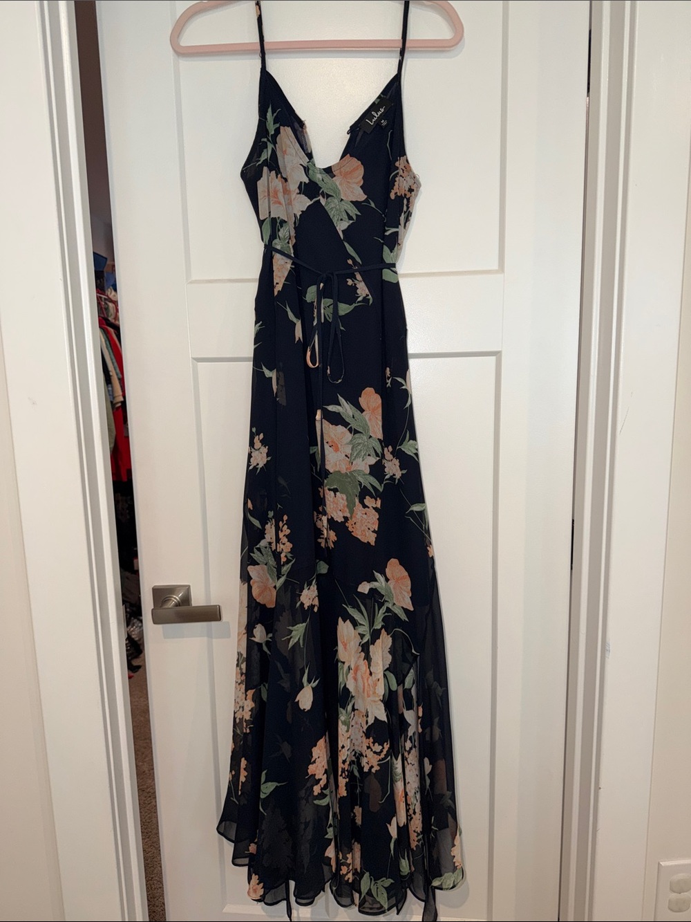 Lulu's Navy Blue Floral Maxi Dress with Peach & Green Accents
